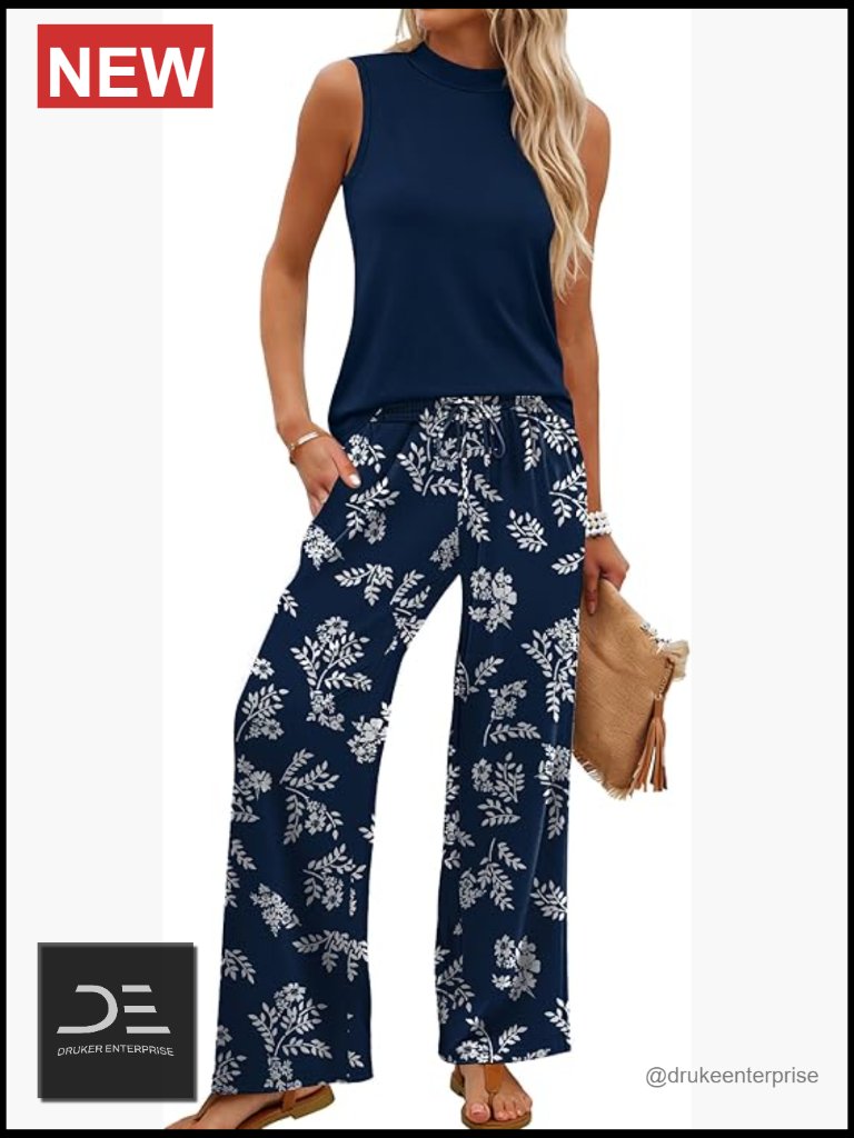 Two Piece Set Mock Neck Sleeveless Top Wide Leg Pants Set Travel Outfit